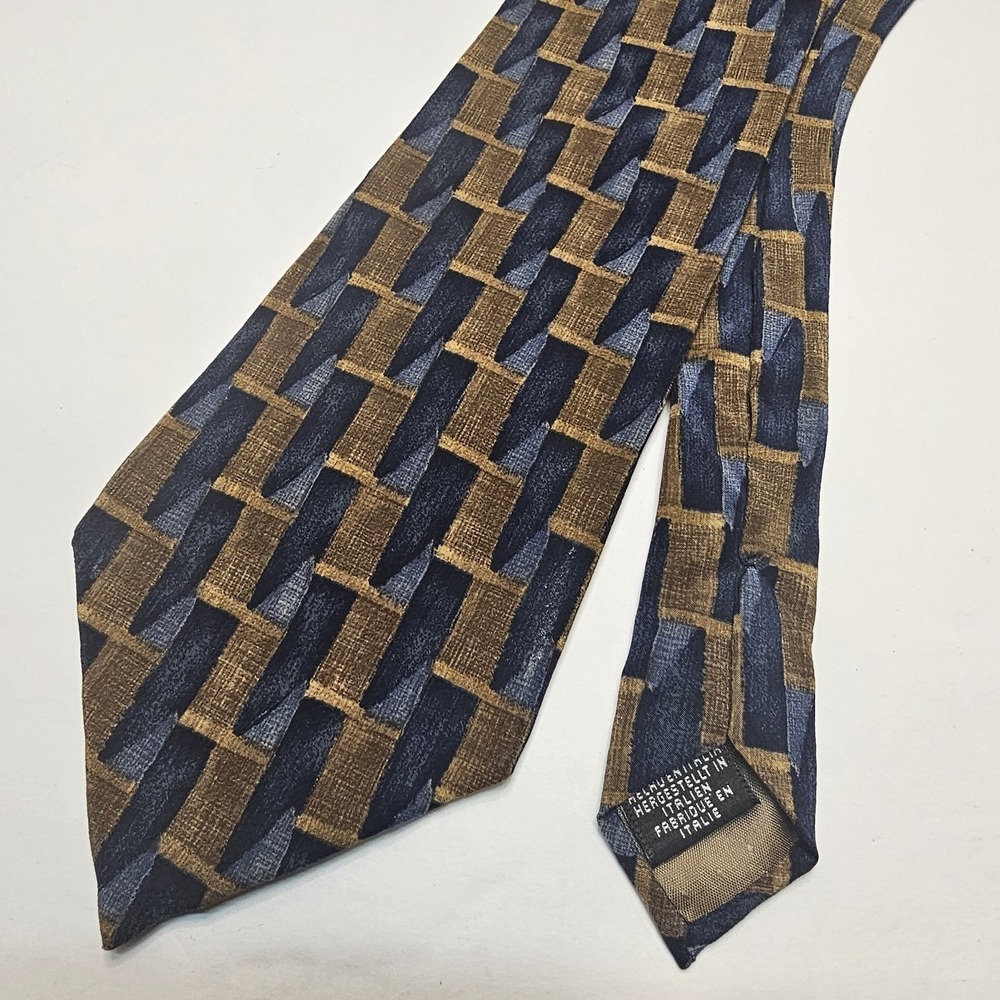 Geoffrey Beene Luxury Tie Gold Blue Geometric Woven 100% Silk Necktie Made Italy